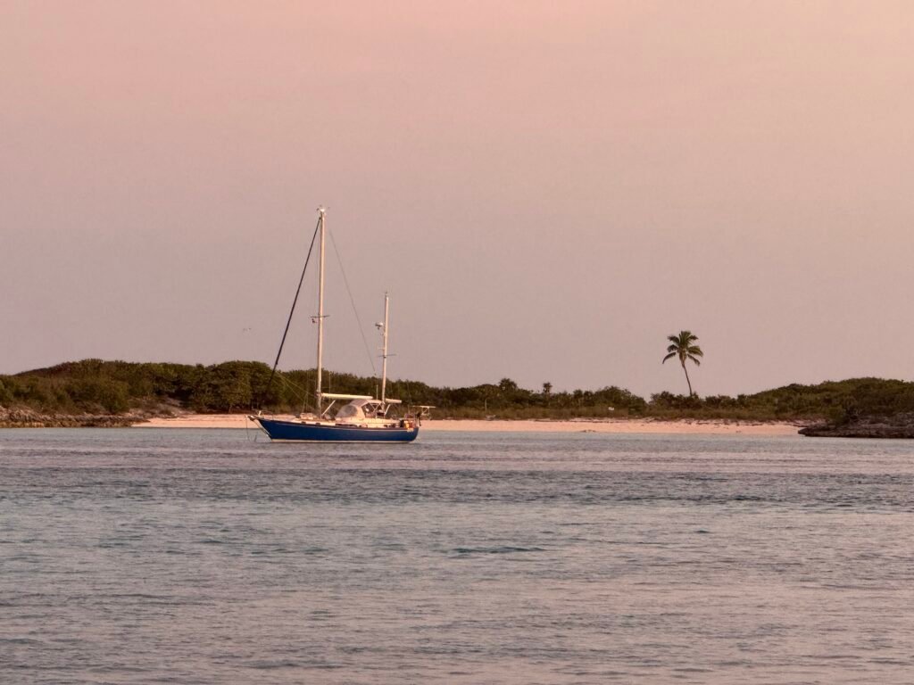 Our Passion Private Charter Sailboat at anchor enjoying a sunset in a beautiful location