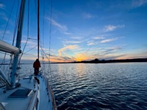 Quiet seas, sunset at anchor